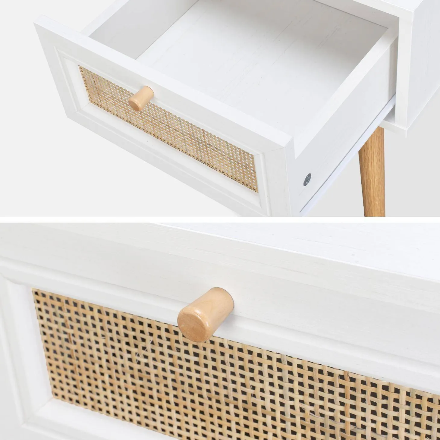 Nachttisch mit Holzeffekt und Rattan-Geflecht, 1 Schublade