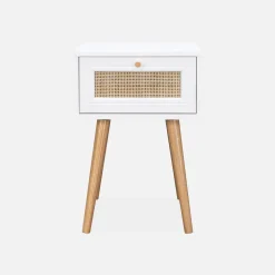 Nachttisch mit Holzeffekt und Rattan-Geflecht, 1 Schublade