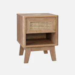 Nachttisch mit Schublade und Nische in Holz- und mit Rattan-Geflecht