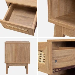 Nachttisch mit Schublade und Nische in Holz- und mit Rattan-Geflecht