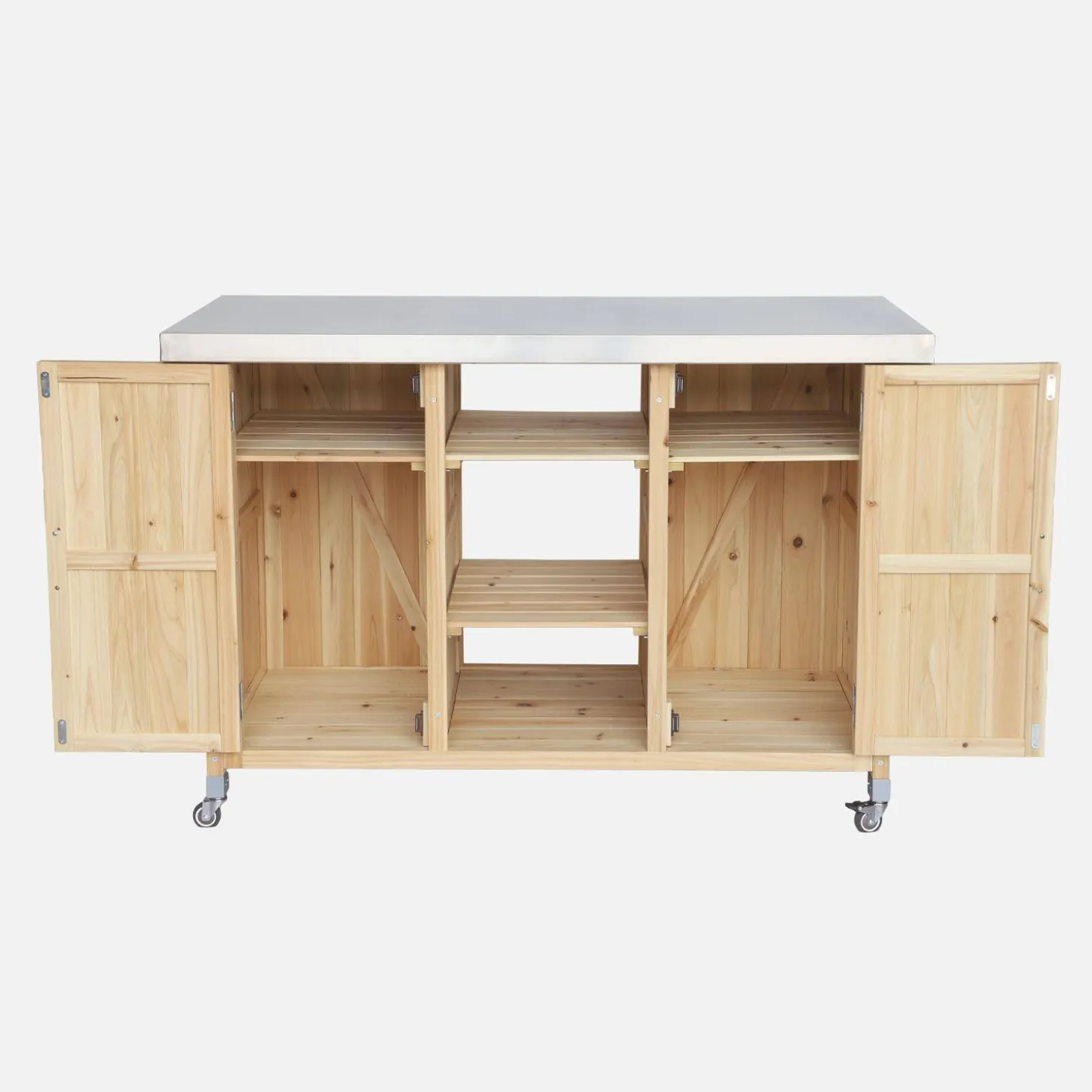 Outdoor-Küchenwagen 130cm Tannenholz mit Griff, 7 Ablageflächen
