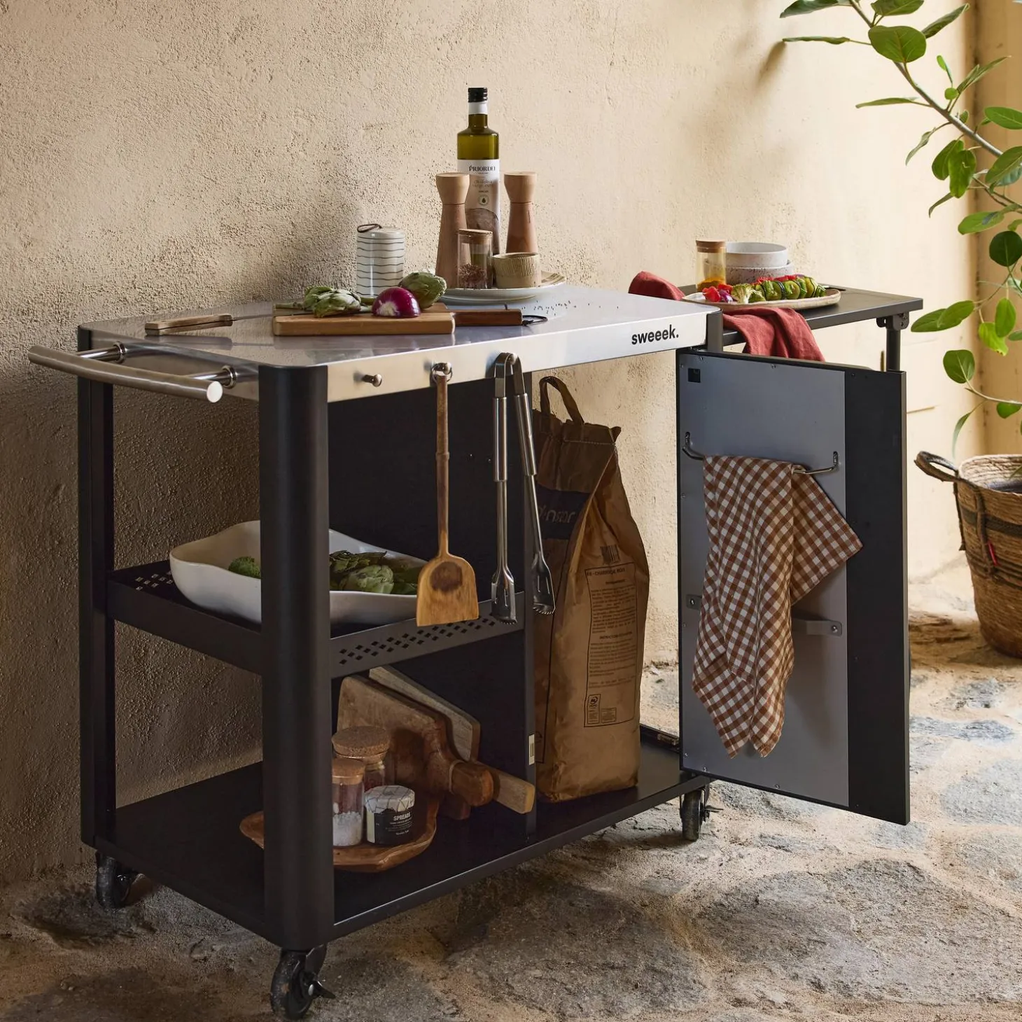 Outdoor-Servierwagen, Anrichte aus Edelstahl 94,5 cm mit klappbarer Ablage