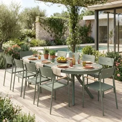 Ovaler ausziehbarer Gartentisch 220/280cm aus Aluminium + 10 Sessel