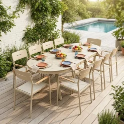 Ovaler ausziehbarer Gartentisch 220/280cm aus Aluminium + 10 Sessel
