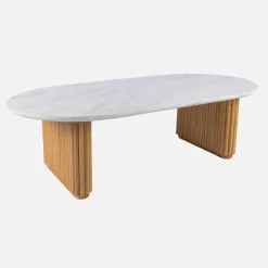 Ovaler Couchtisch aus Hevea-Holz mit Steinoptik-Furnier