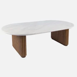 Ovaler Couchtisch aus Hevea-Holz mit Steinoptik-Furnier
