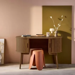 Ovales Büro im Holzlook mit zwei Aufbewahrungsmöglichkeiten, L 120cm