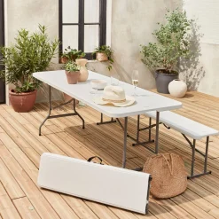 Partytisch + Bänke zusammenklappbar, Kunststoff