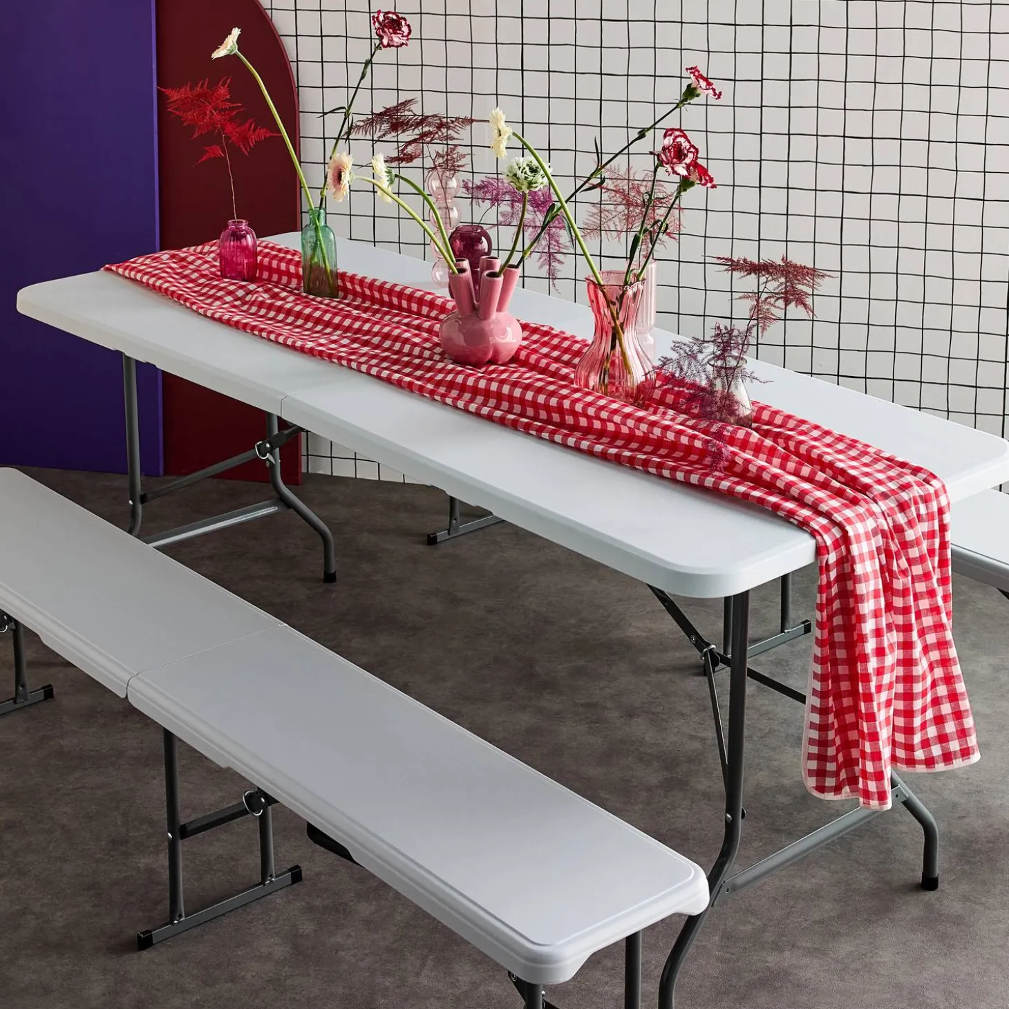Partytisch + Bänke zusammenklappbar, Kunststoff