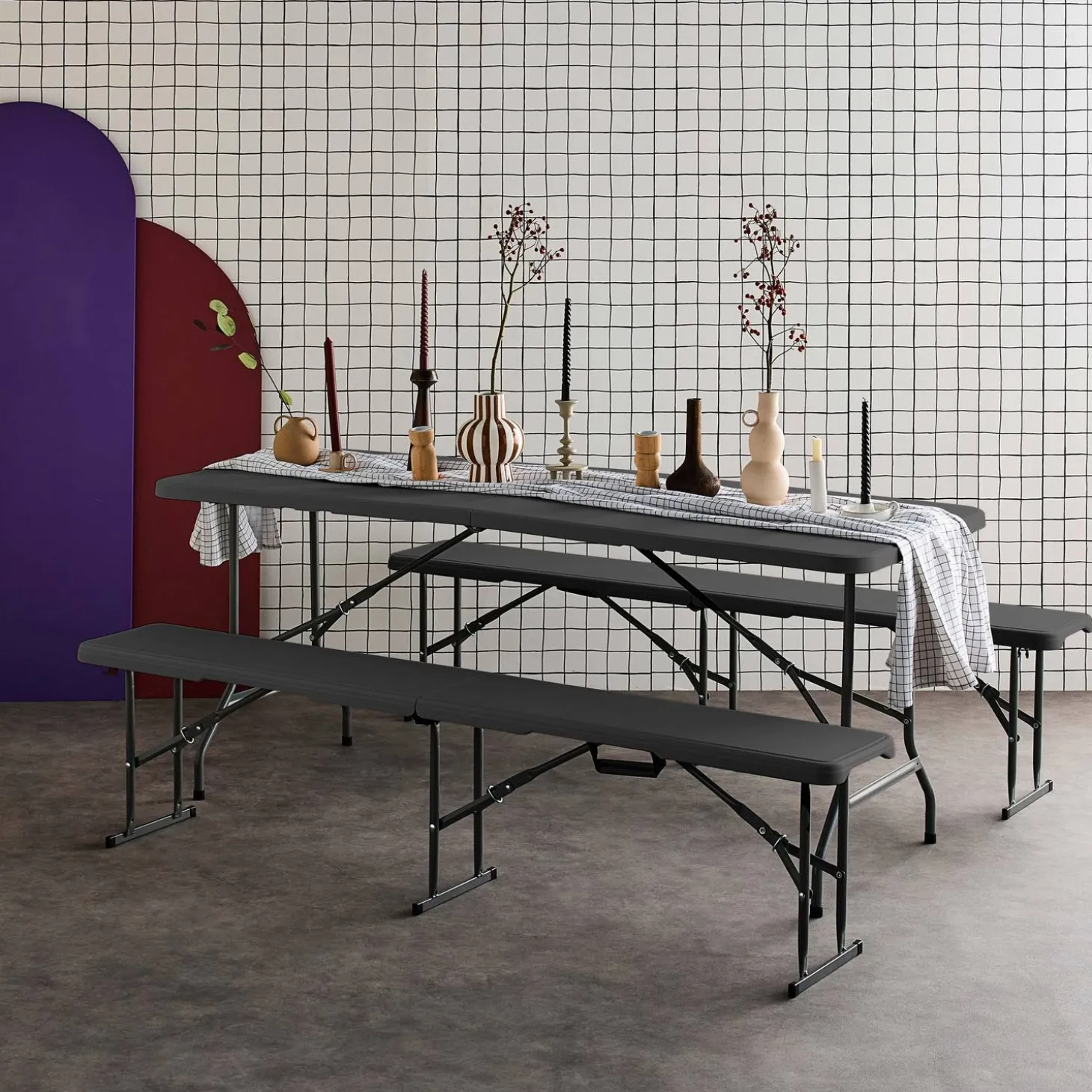 Partytisch + Bänke zusammenklappbar, Kunststoff