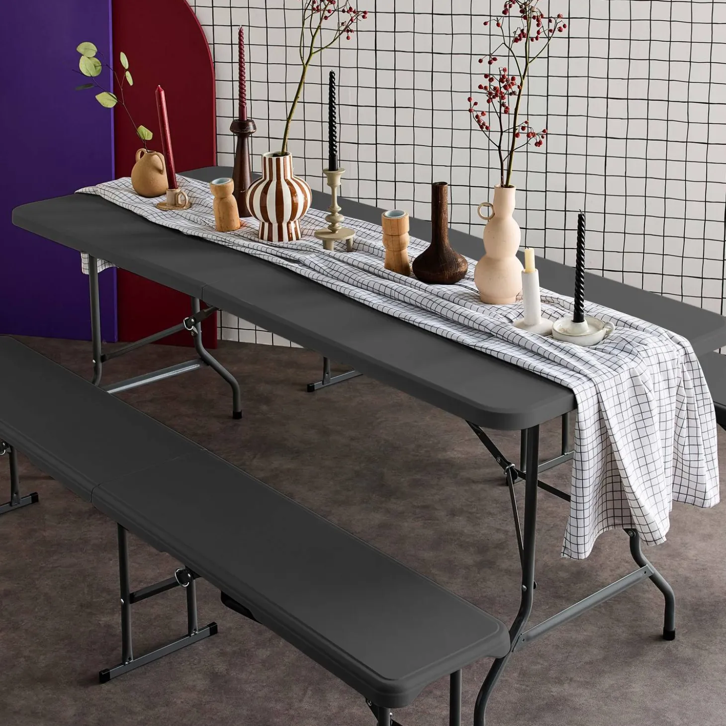 Partytisch + Bänke zusammenklappbar, Kunststoff