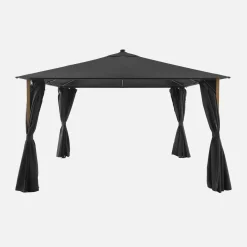 Pavillon 4x3m Aluminium Holzoptik mit Vorhängen und LED