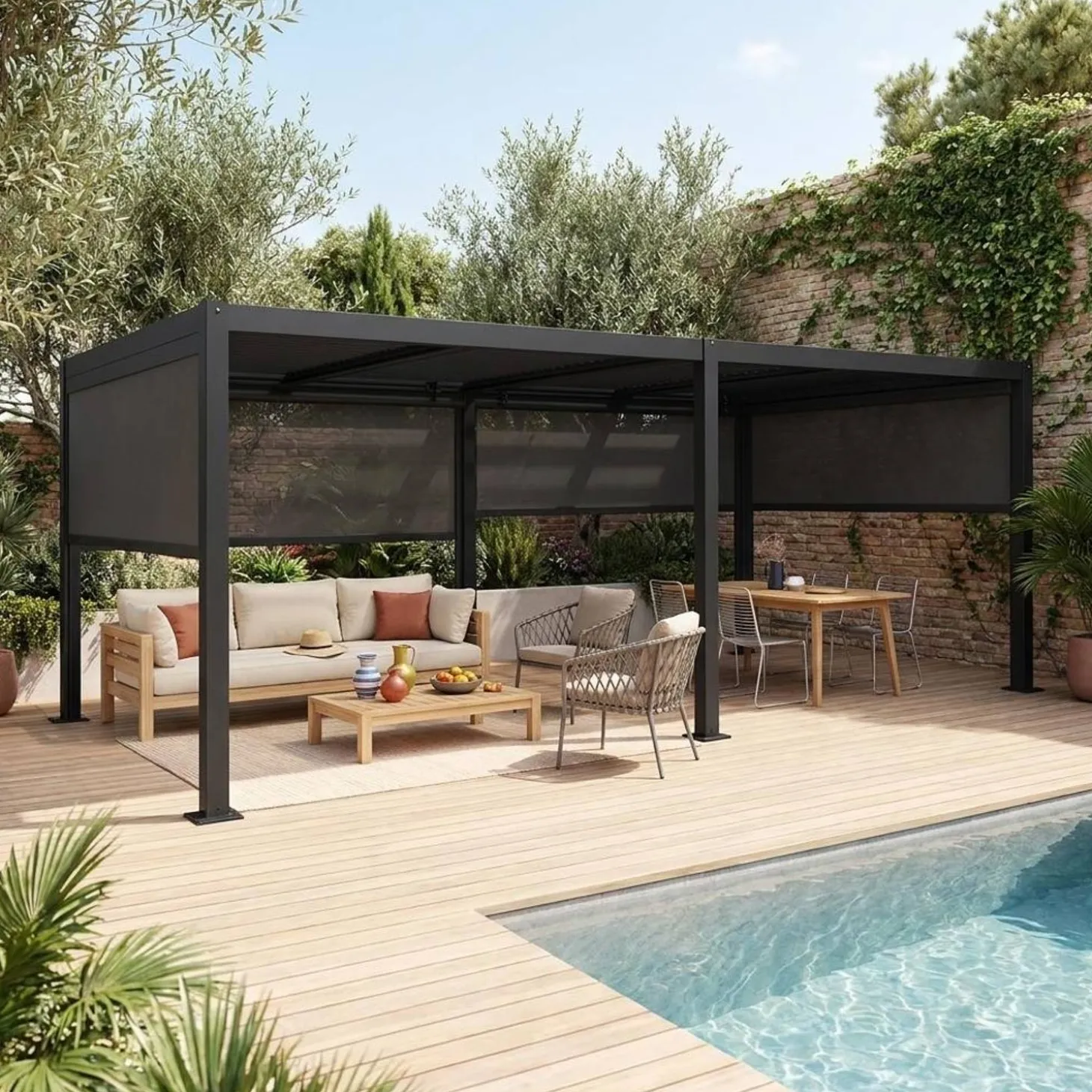 Pergola mit Lamellendach Palace 3x6m + 4 Markisen 3m