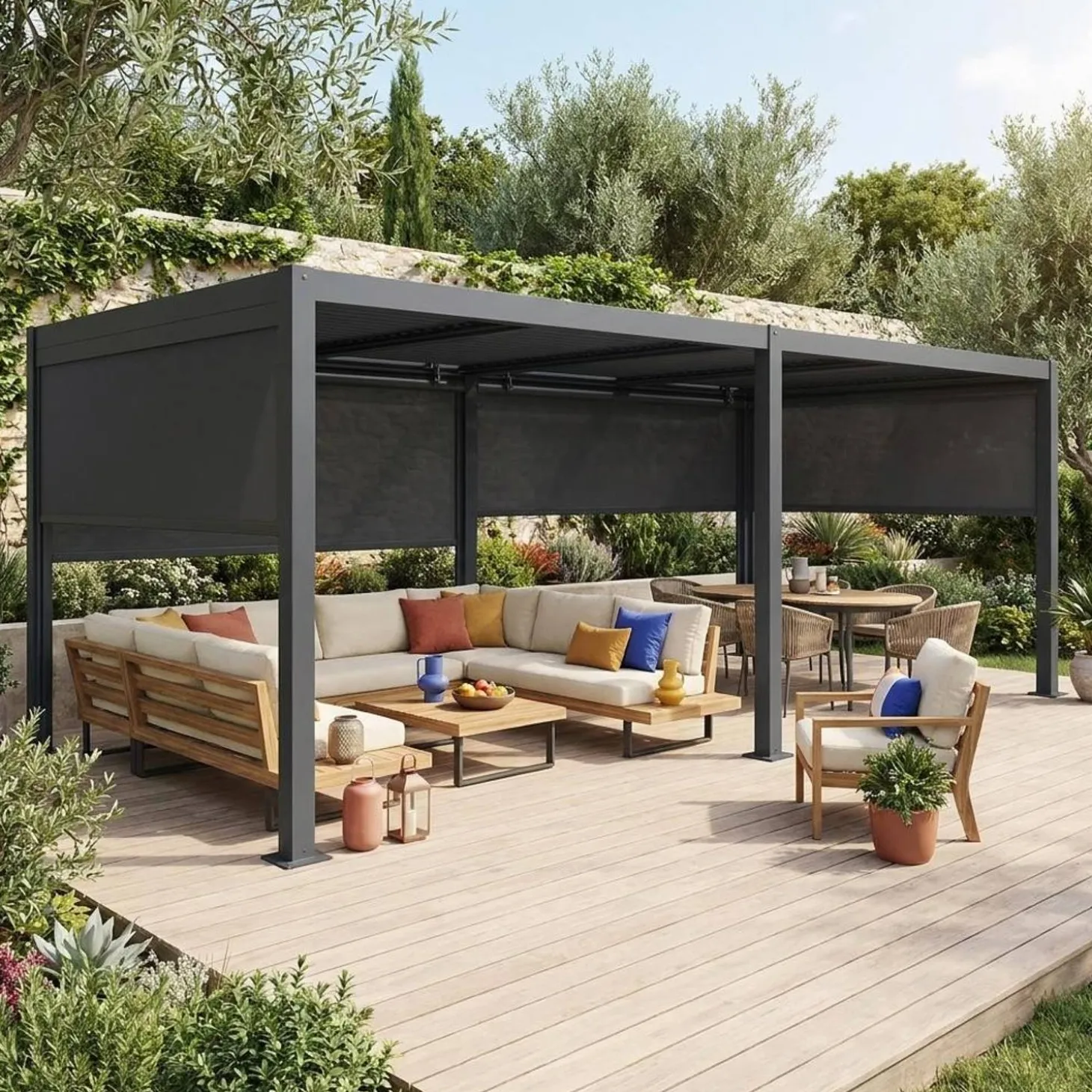Pergola mit Lamellendach Palace 3x6m + 4 Markisen 3m