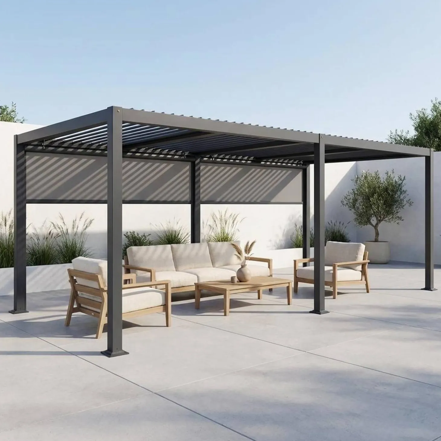 Pergola mit Lamellendach Palace 3x6m + 2 Markisen 3m