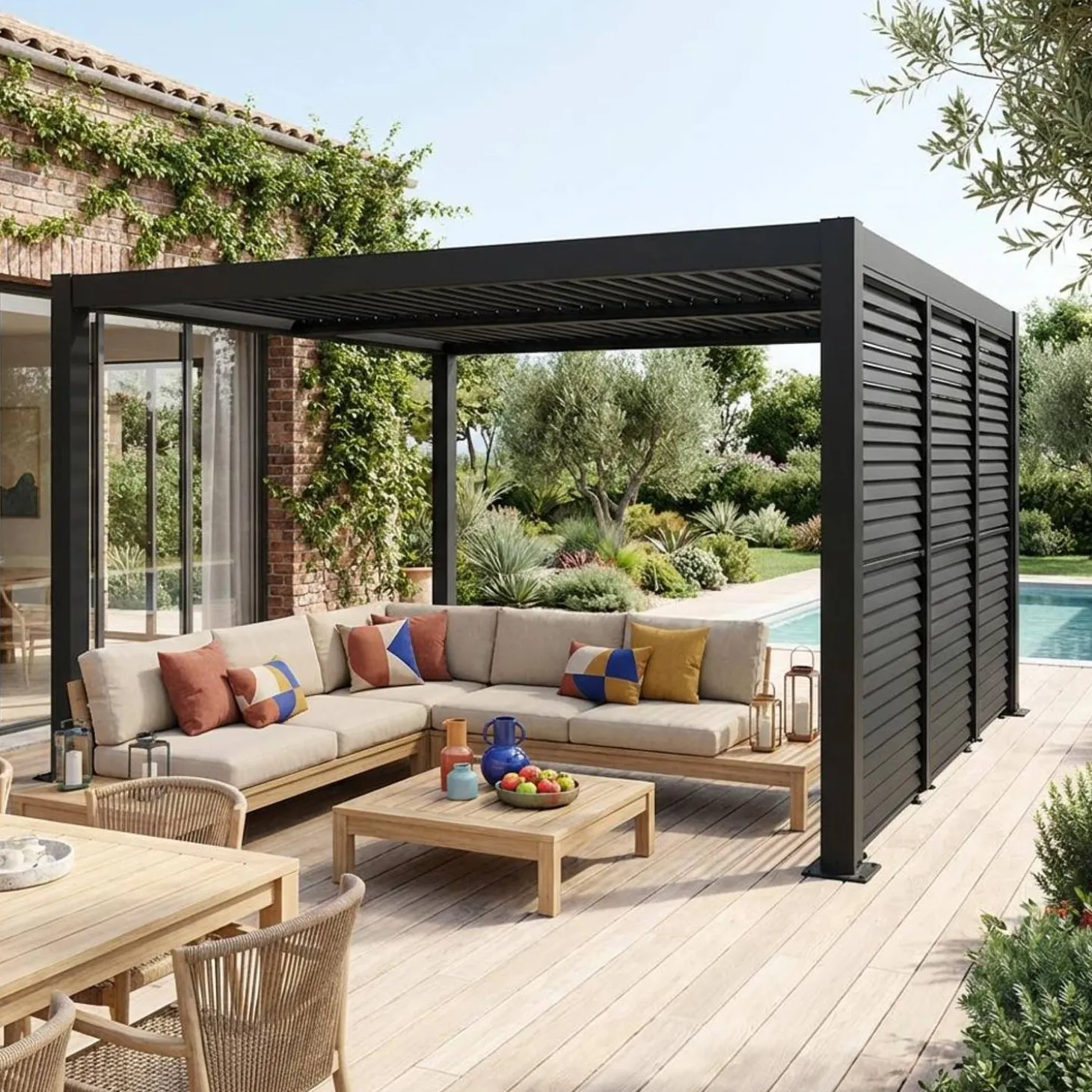 Pergola mit Lamellendach Palace 3x4m mit 3 verstellbaren Lamellenwänden 100cm