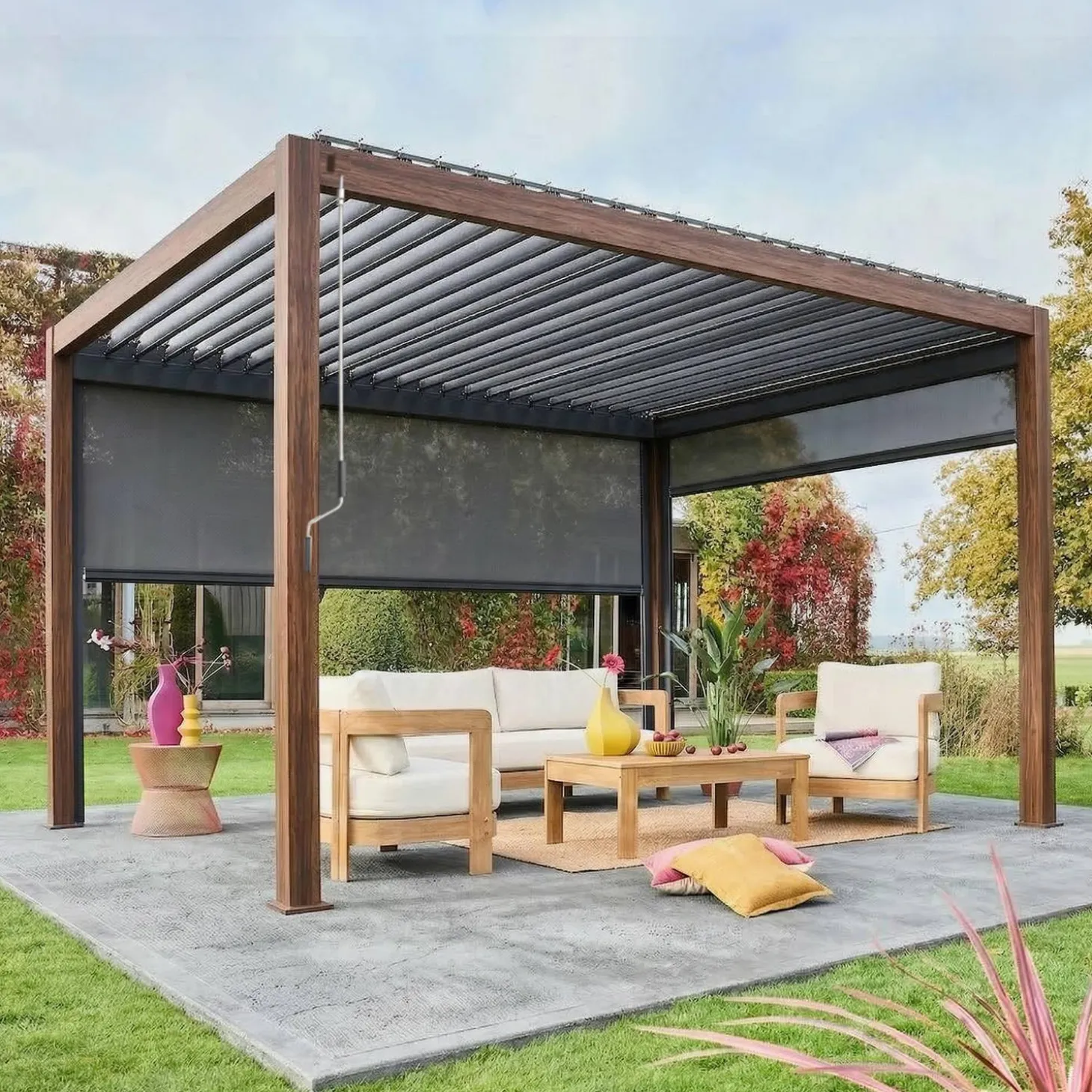 Pergola mit Lamellendach Triomphe 3x4m + Markise 3m + Markise 4m