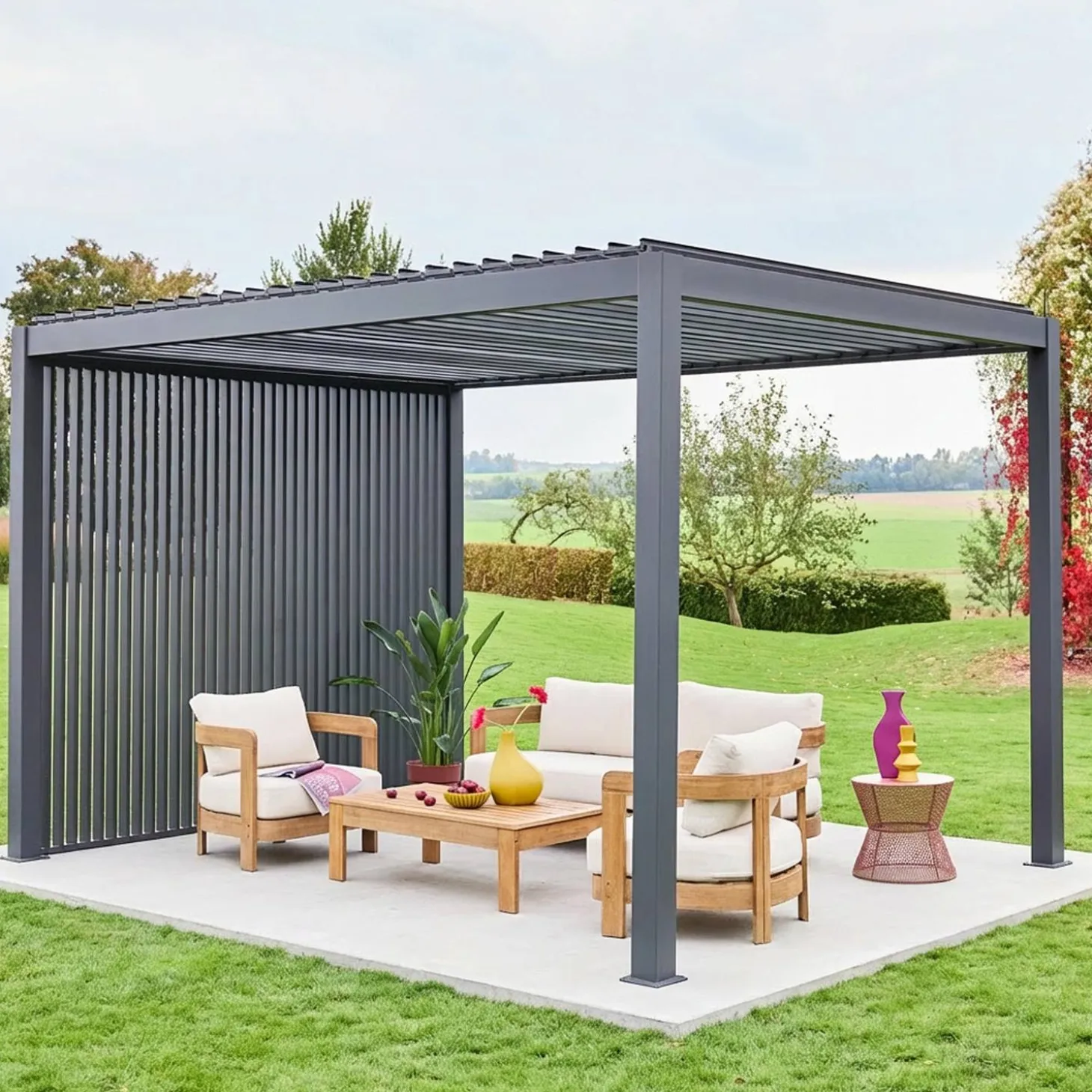 Pergola mit Lamellendach Triomphe 3x4m mit 3 vertikalen Lamellenwänden 100cm