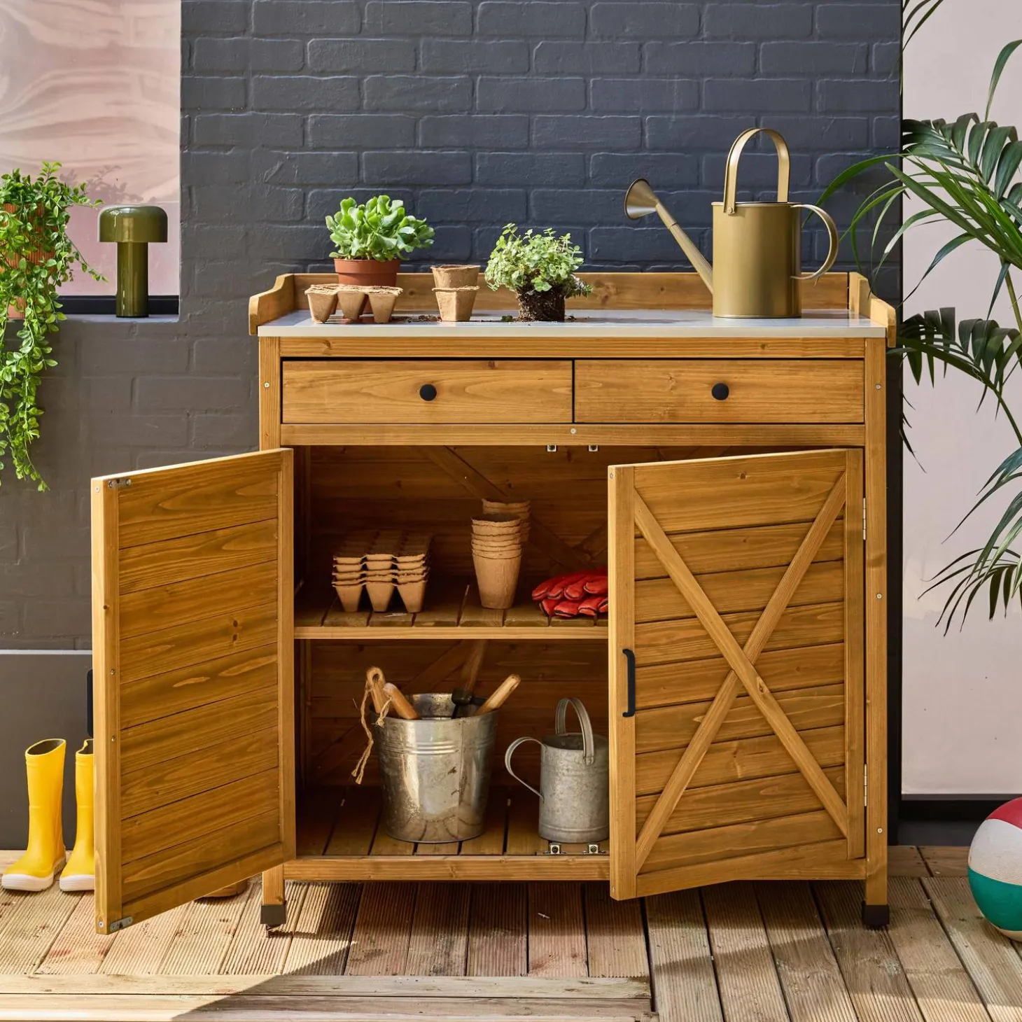Pflanztisch aus Tannenholz 2 Türen, 2 Schubladen