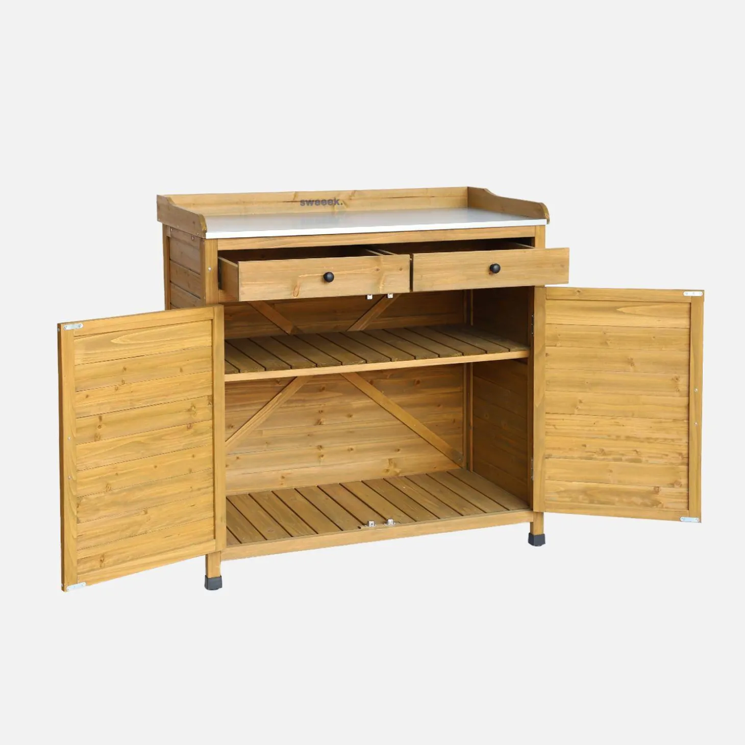 Pflanztisch aus Tannenholz 2 Türen, 2 Schubladen