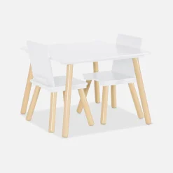 Quadratischer Kindertisch mit 2 Stühlen, Beine aus Kiefer