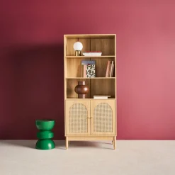 Regal Bücherregal Holzdekor und Rattan-Geflecht 4 Ebenen 2 Türen