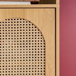 Regal Bücherregal Holzdekor und Rattan-Geflecht 4 Ebenen 2 Türen