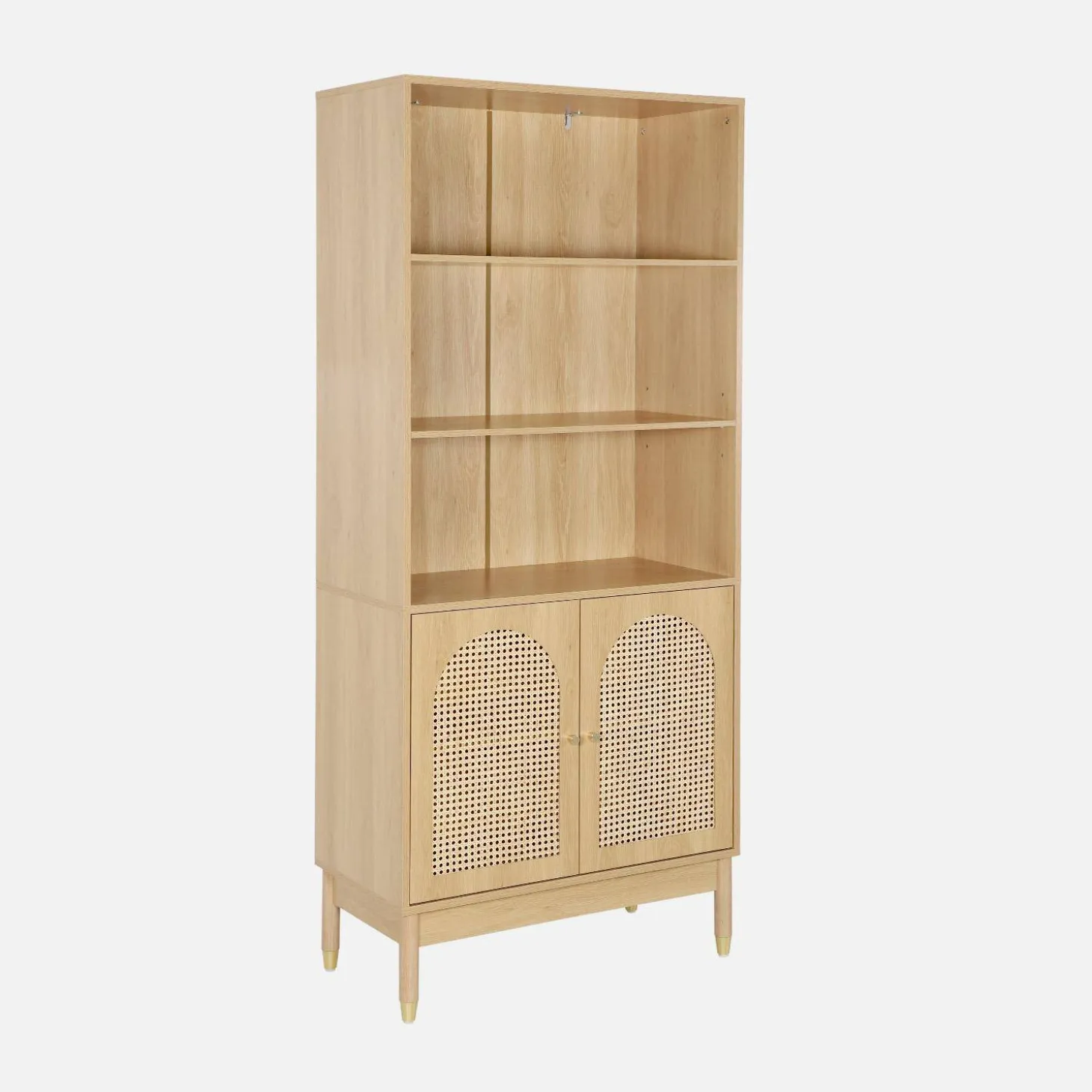 Regal Bücherregal Holzdekor und Rattan-Geflecht 4 Ebenen 2 Türen
