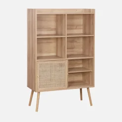 Regal mit 5 Regalböden, Schiebetüren, Holzeffekt und Rattan-Geflecht