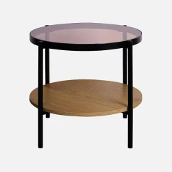 Runder Beistelltisch mit Holzoptik, mit gehärtetem Glas und schwarzem Metall