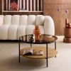 Runder Couchtisch mit doppelterPlatte, , Glas, Holzdekor und Stahl