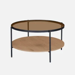 Runder Couchtisch mit doppelterPlatte, , Glas, Holzdekor und Stahl