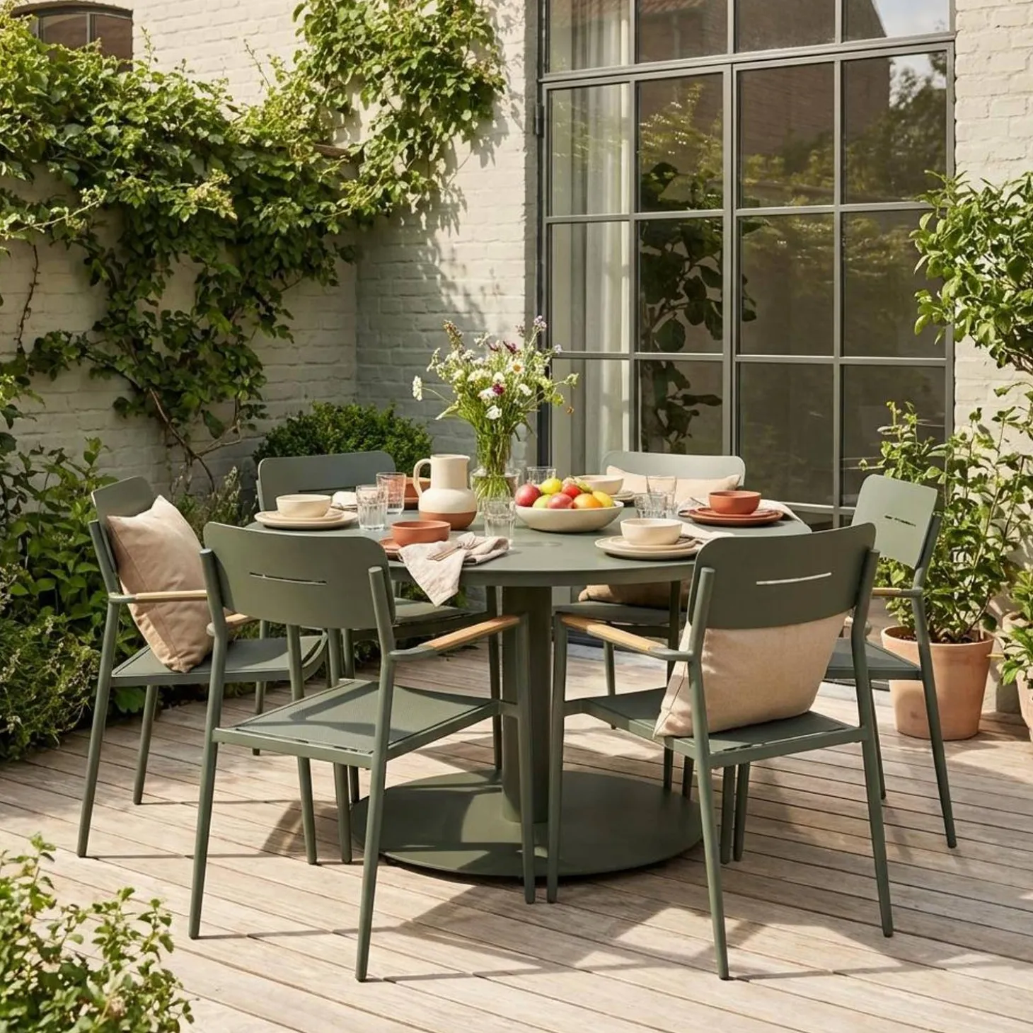 Runder Gartentisch Ø140cm aus Aluminium + 6 Sessel