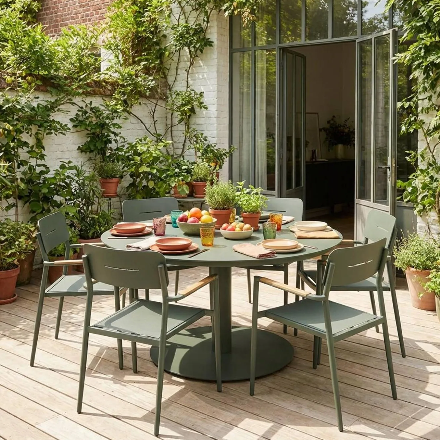 Runder Gartentisch Ø140cm aus Aluminium + 6 Sessel