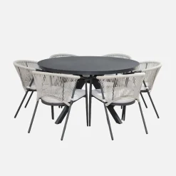 Runder Gartentisch Ø140 cm aus Aluminium und Glas + 6 Sessel