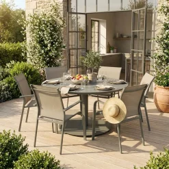 Runder Gartentisch Ø140cm + 6 Sessel aus Aluminium