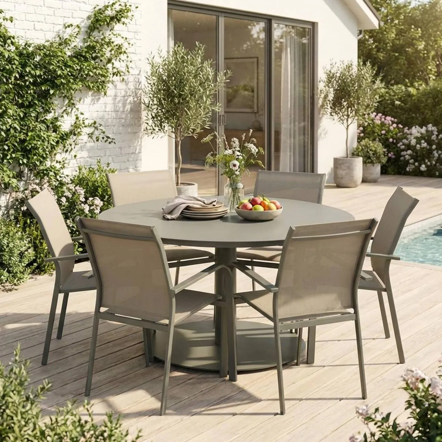 Runder Gartentisch Ø140cm + 6 Sessel aus Aluminium