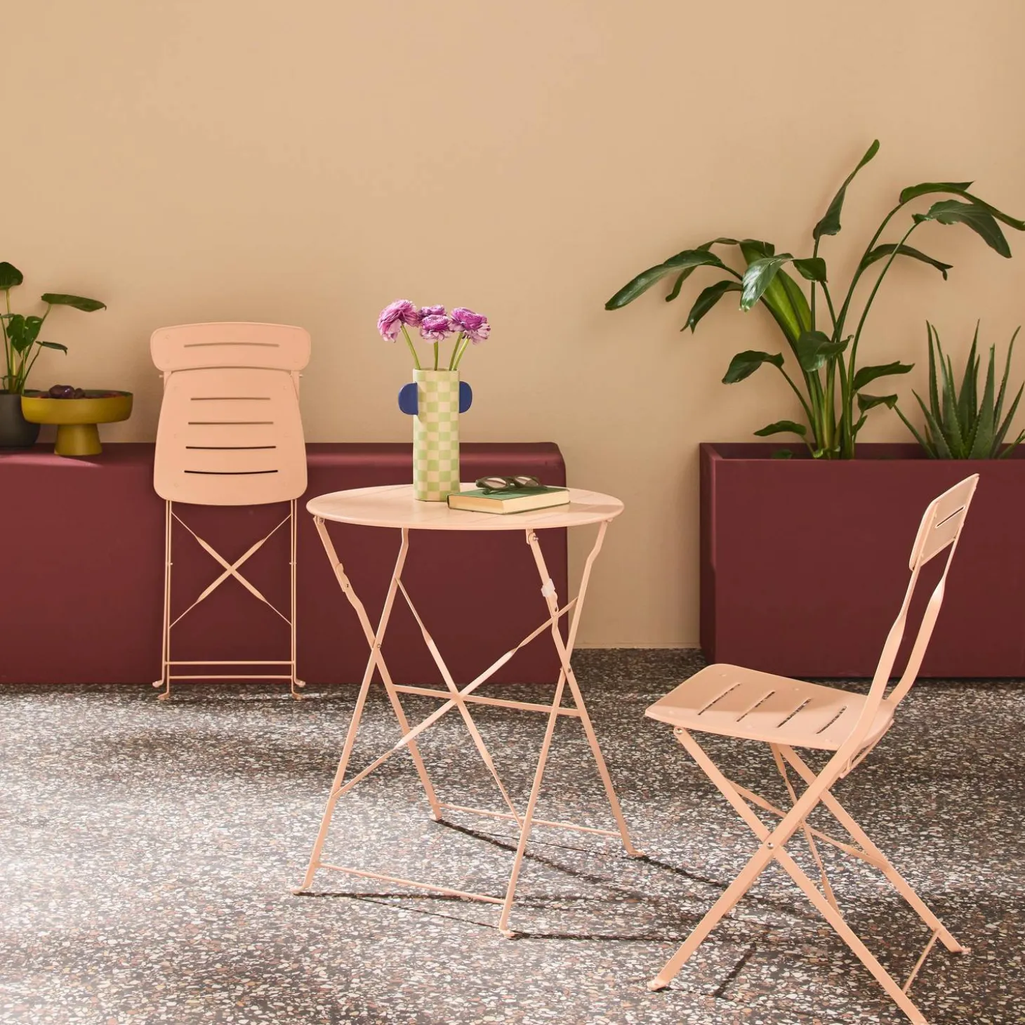 Runder klappbarer Bistro-Gartentisch aus Stahl + 2 Stühle