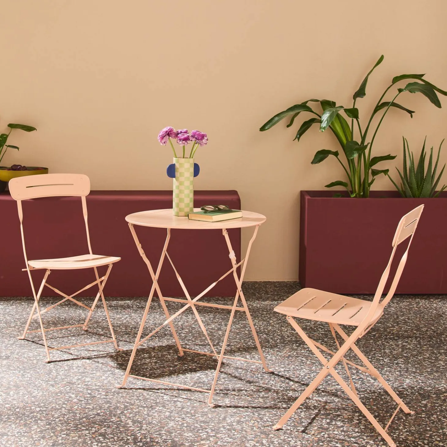 Runder klappbarer Bistro-Gartentisch aus Stahl + 2 Stühle