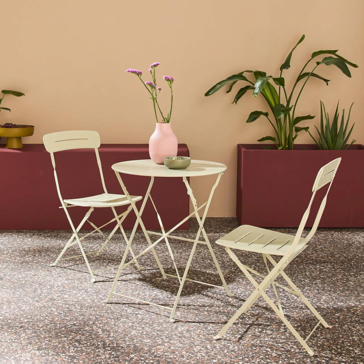 Runder klappbarer Bistro-Gartentisch aus Stahl + 2 Stühle