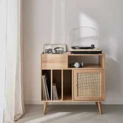 Schallplattenschrank mit Rattan-Geflecht und Holzdekor