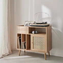 Schallplattenschrank mit Rattan-Geflecht und Holzdekor