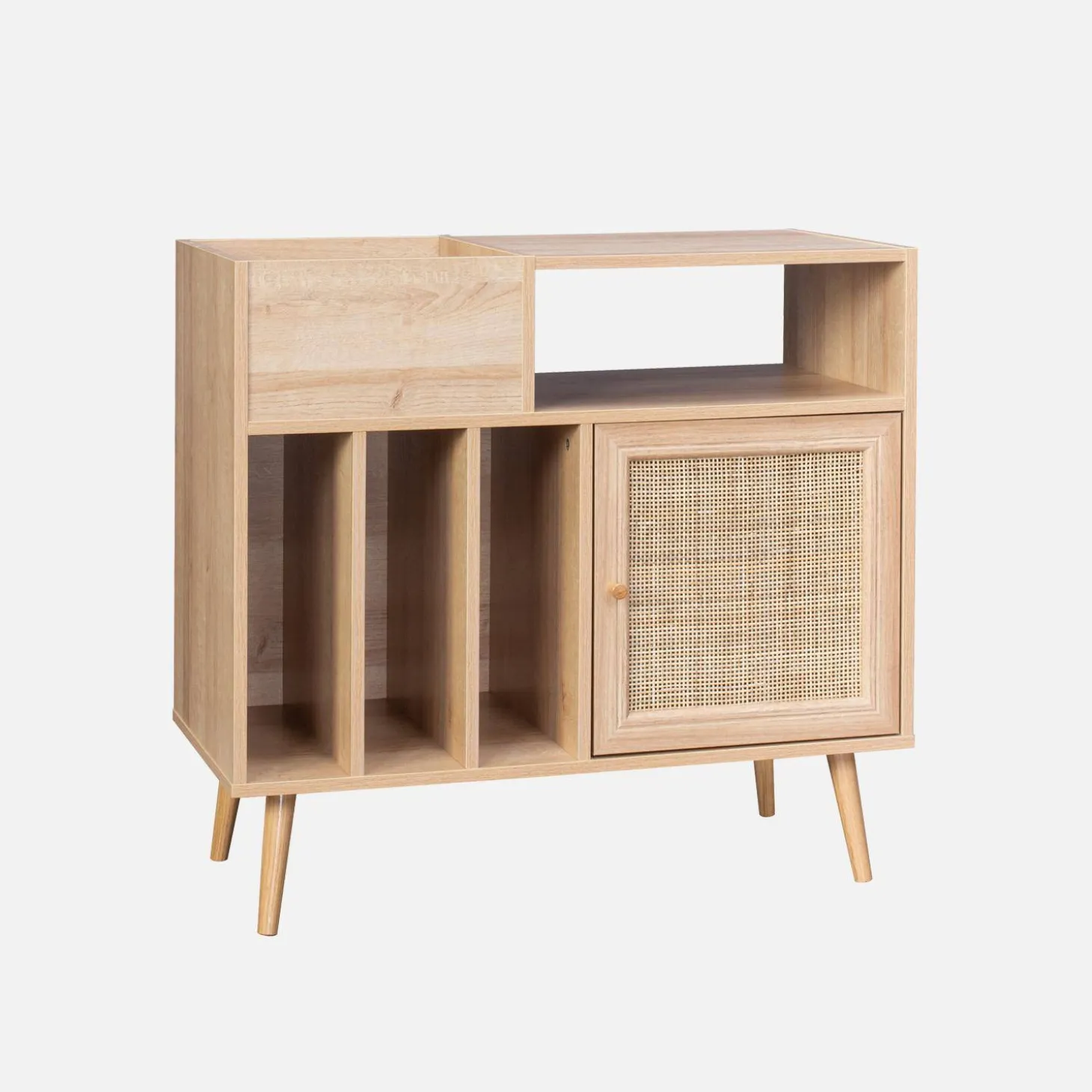 Schallplattenschrank mit Rattan-Geflecht und Holzdekor
