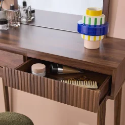 Schminktisch Holzoptik, abgerundeter Spiegel, 2 Schubladen, 90 cm