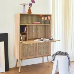 Schreibschrank / Sekretär, 2 Türen und Regale, Holzdekor und Rattan-Geflecht
