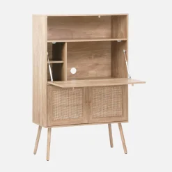 Schreibschrank / Sekretär, 2 Türen und Regale, Holzdekor und Rattan-Geflecht