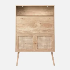 Schreibschrank / Sekretär, 2 Türen und Regale, Holzdekor und Rattan-Geflecht