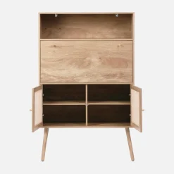 Schreibschrank / Sekretär, 2 Türen und Regale, Holzdekor und Rattan-Geflecht