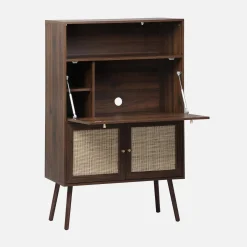Schreibschrank / Sekretär, 2 Türen und Regale, Holzdekor und Rattan-Geflecht