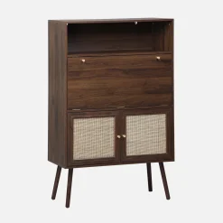 Schreibschrank / Sekretär, 2 Türen und Regale, Holzdekor und Rattan-Geflecht